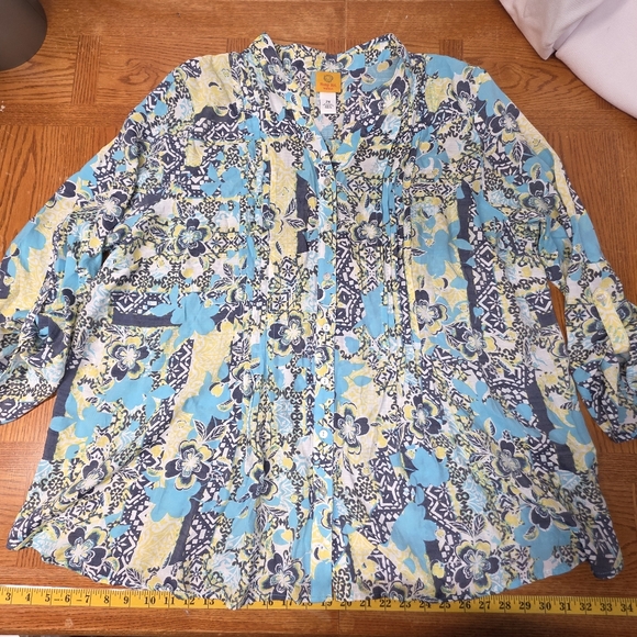 Ruby Rd. Tops - Ruby Rd Woman Blue Green Multi-Color Roll Sleeve Plus Size 2X Top